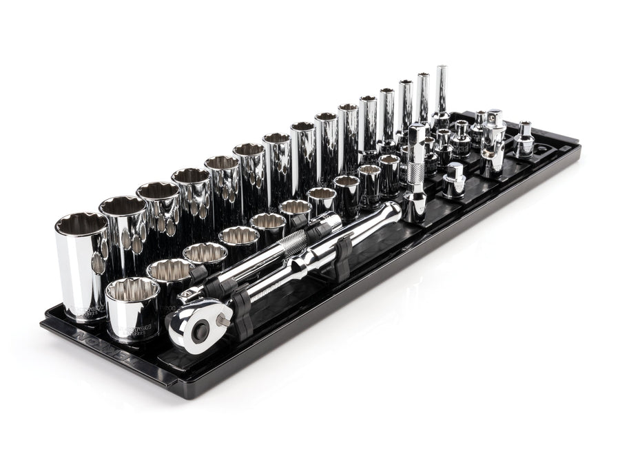 3/8 Inch Drive Shallow and Deep 12-Point Socket and Ratchet Set with Rails and Tray, 36-Piece (1/4 - 1 in.)