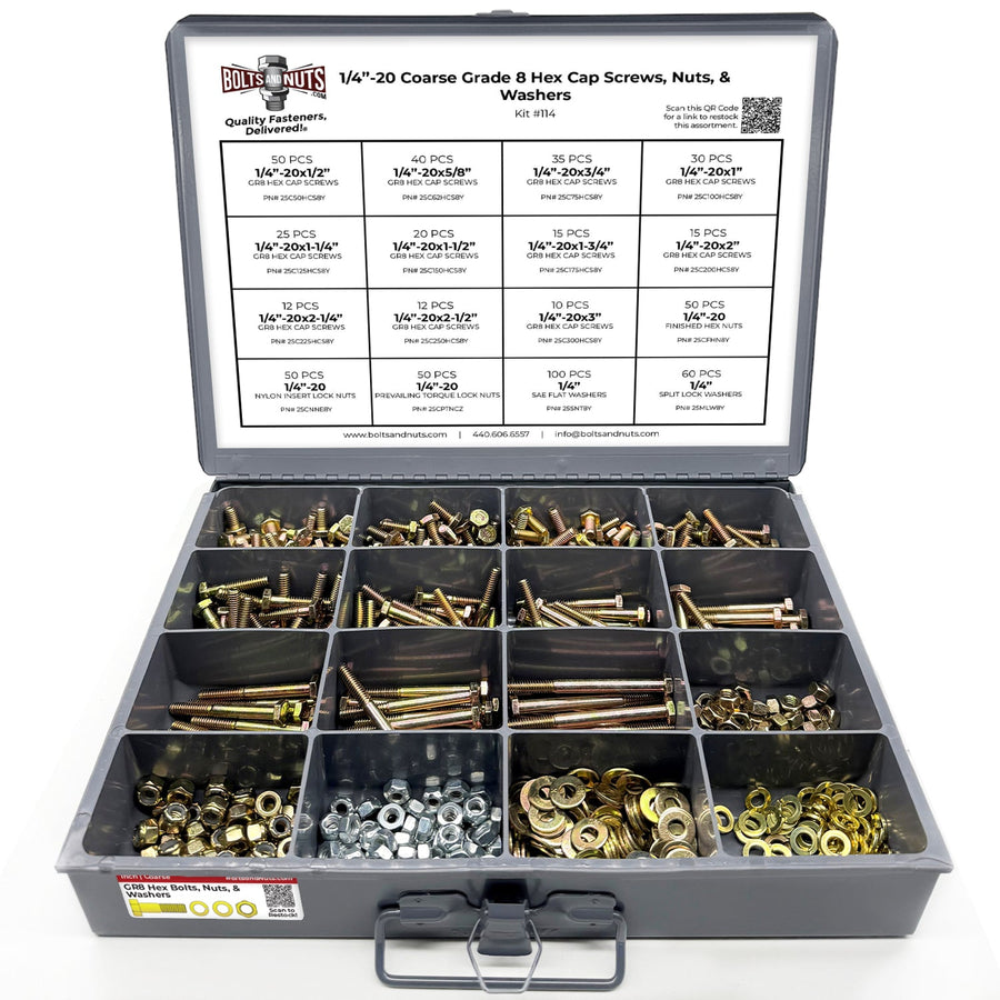 1/4"-20 Coarse Grade 8 Hex Cap Screws, Nuts, & Washers - 575 PCS