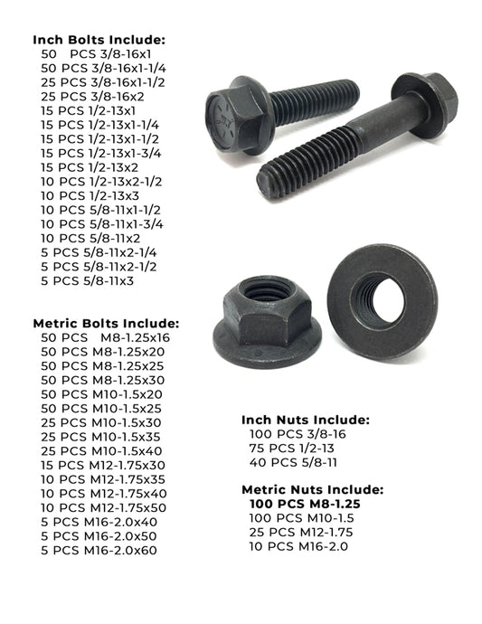 Inch & Metric Grade 8 / Class 10.9 Flange Bolt and Lock Nut Kit - 1175 PCS