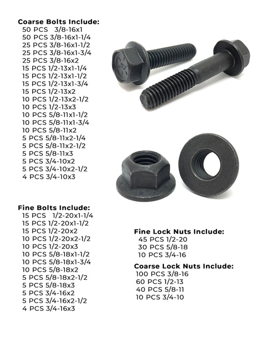 Inch Grade 8 Coarse & Fine Thread Hex Flange Bolt & Lock Nut Kit - 729 PCS