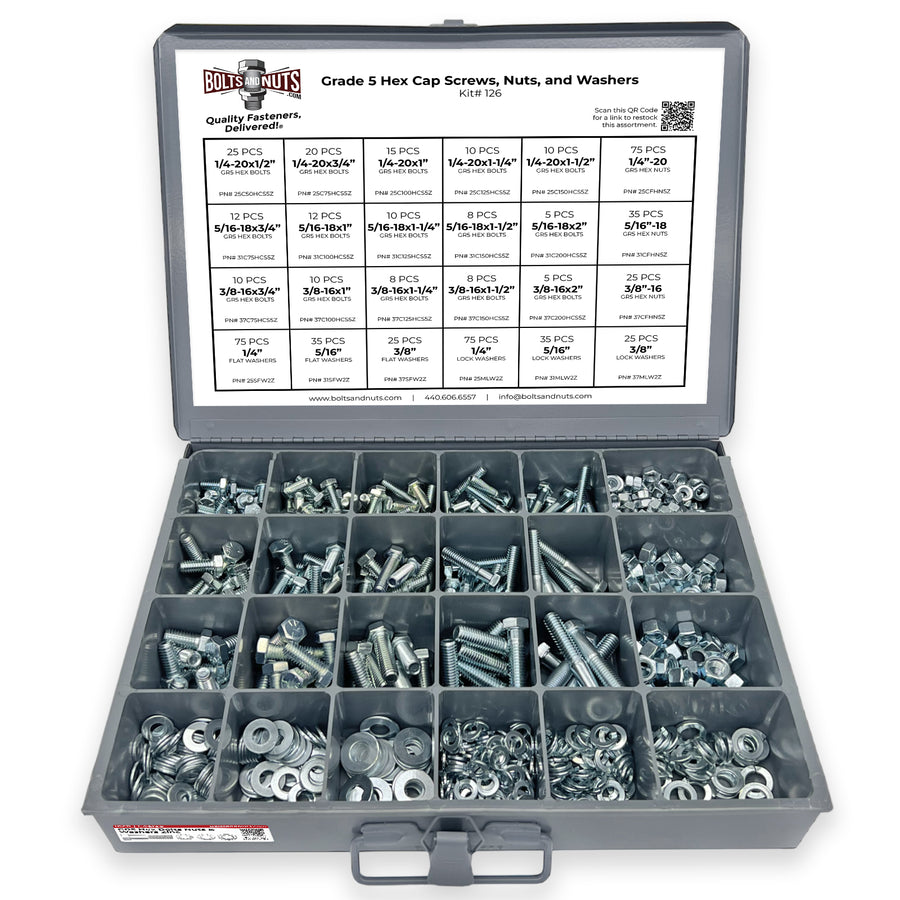 Inch Grade 5 Hex Cap Screws, Hex Nuts, Flat & Lock Washers - 574 PCS