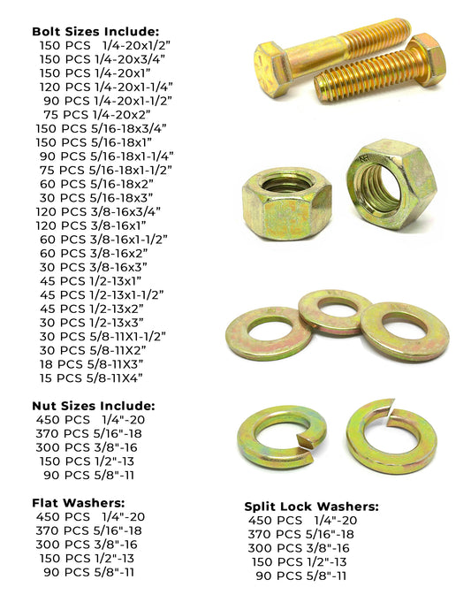 Inch Grade 8 Hex Cap Screws, Hex Nuts, Flat & Lock Washers - 6033 PCS