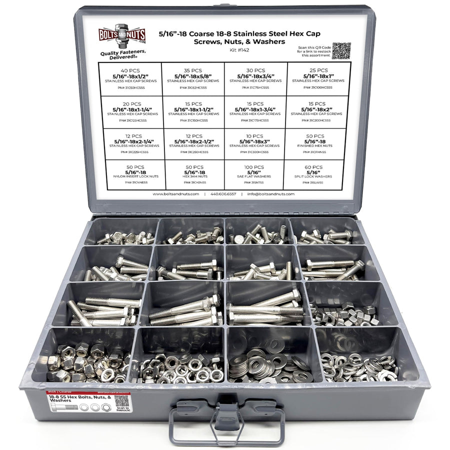 5/16"-18 Coarse 18-8 Stainless Steel Hex Cap Screws, Nuts, & Washers - 540 PCS