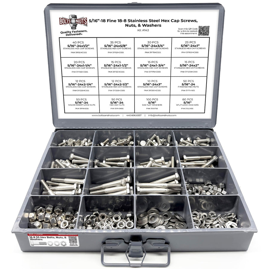 5/16"-24 Fine 18-8 Stainless Steel Hex Cap Screws, Nuts, & Washers - 540 PCS
