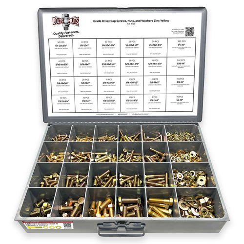 Inch Grade 8 Hex Cap Screws, Hex Nuts, Flat & Lock Washers Coarse Thread Zinc Yellow 1/4", 5/16" 3/8", & 1/2"  - 1269 PCS
