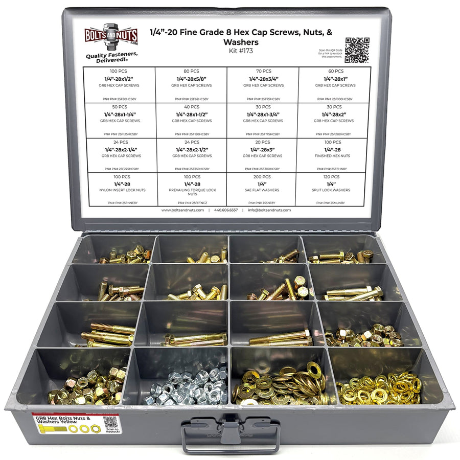 1/4"-28 Fine Grade 8 Hex Cap Screws, Nuts, & Washers - 1149 PCS
