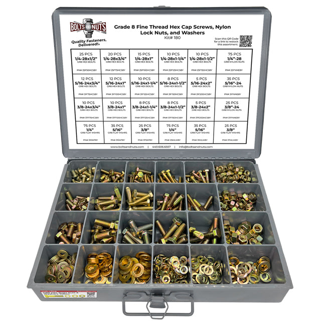 Inch Grade 8 Fine Hex Cap Screws, Nylon Nuts, Flat & Lock Washers - 574 PCS