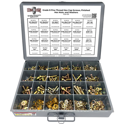 Inch Grade 8 Fine Hex Cap Screws, Hex Nuts, Flat & Lock Washers - 574 PCS