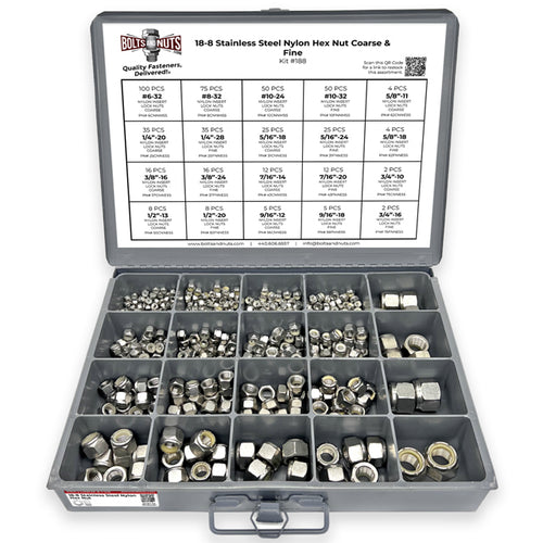 Inch Stainless Steel Nylon Insert Hex Nut Coarse & Fine - 490 pcs