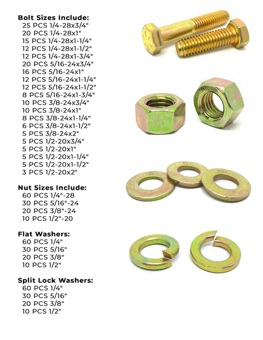 Inch Grade 8 Hex Cap Screws, Hex Nuts, Flat & Lock Washers Fine Thread Zinc Yellow 1/4", 5/16" 3/8", & 1/2" - 574 PCS