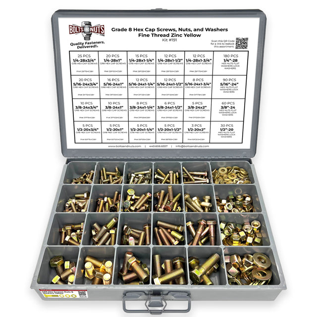 Inch Grade 8 Hex Cap Screws, Hex Nuts, Flat & Lock Washers Fine Thread Zinc Yellow 1/4", 5/16" 3/8", & 1/2" - 575 PCS