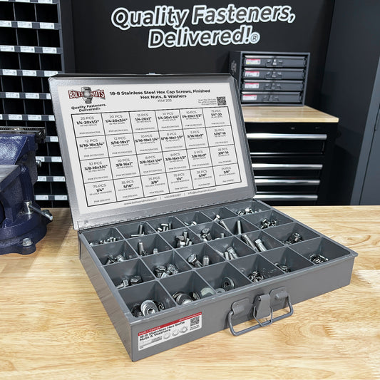 Inch 18-8 Stainless Hex Cap Screws, Hex Nuts, Flat & Lock Washers - 574 PCS