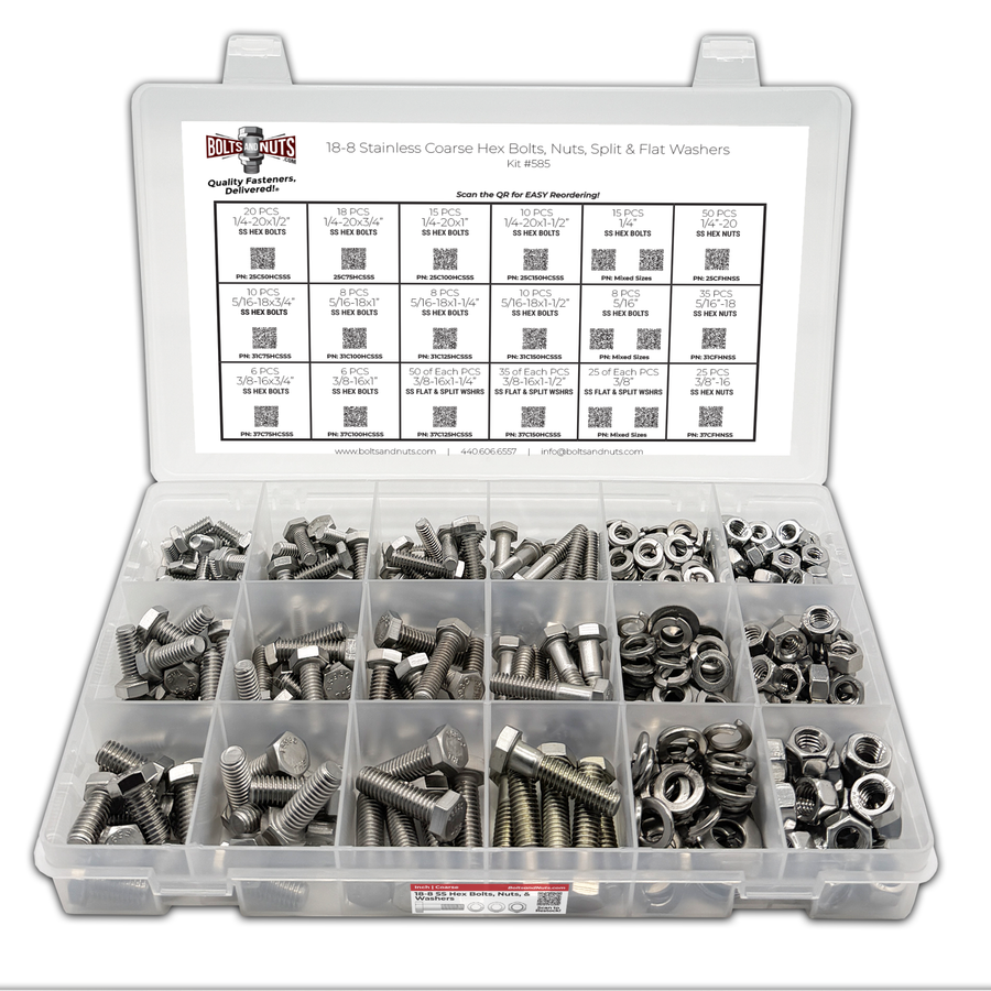 Assortment Kit #585 (465Pcs.) Stainless Steel Hex Cap Screws, Hex Nuts, Flat Washers & Lock Washers
