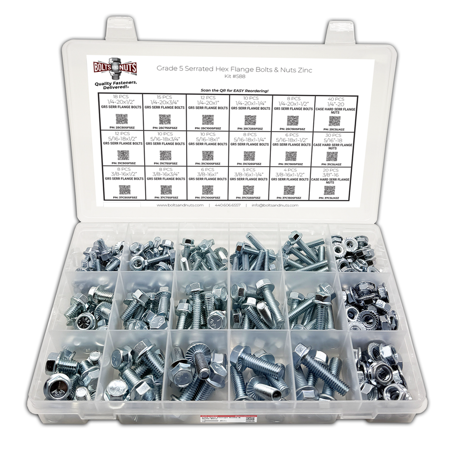 Assortment Kit #588 (231Pcs.) Grade 5 Serrated Flange Screws & Hardened Serrated Flange Nuts - Zinc Plated