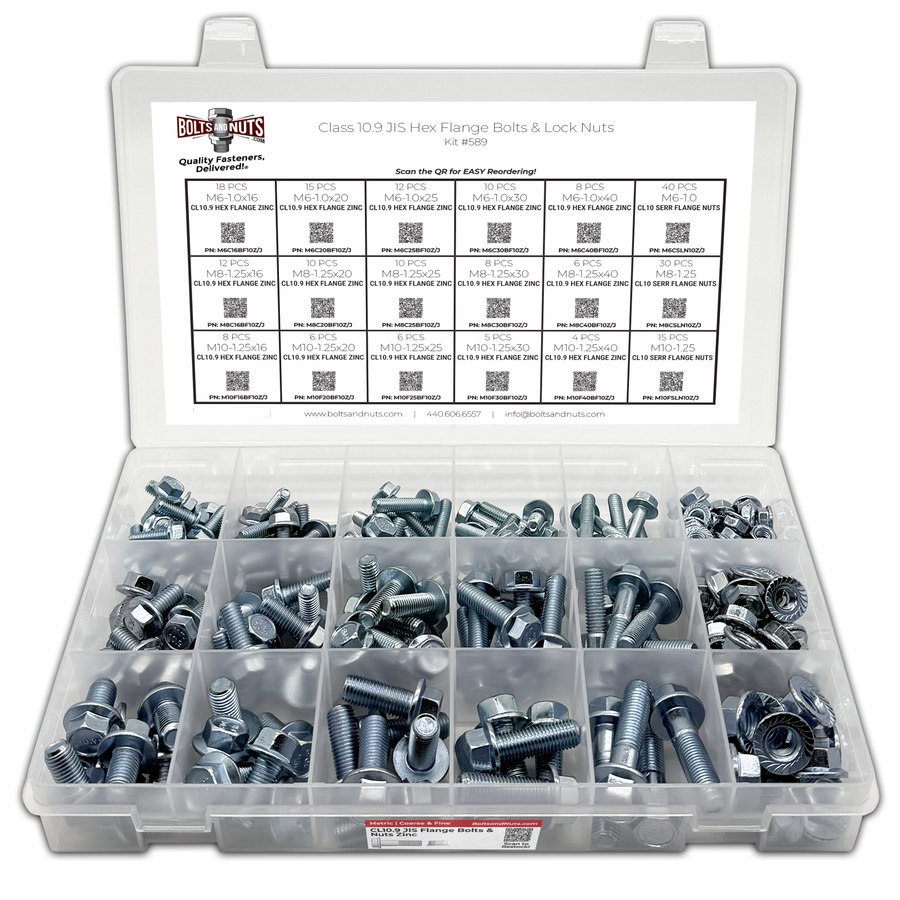 Assortment Kit #589 (224Pcs.) JIS Grade 10.9 Metric Flange Screws & Class 10 Serrated Flange Nuts - Zinc Plated