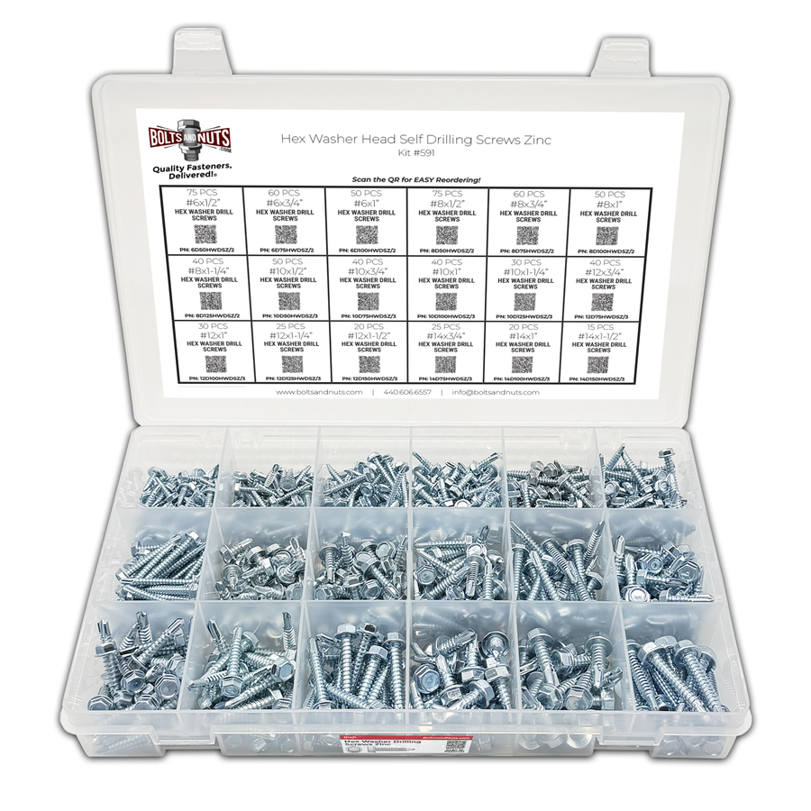 Assortment Kit #591 (746Pcs.) Hex Washer Head Drill Screw Kit - Zinc Plated