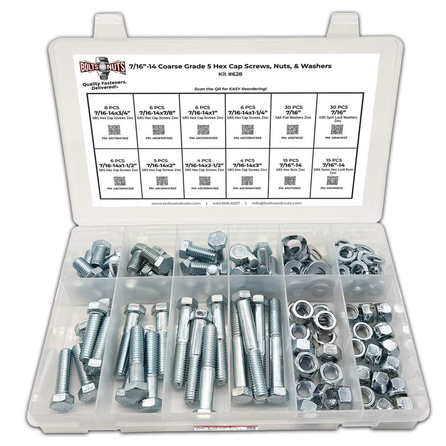 Assortment Kit #628 (136Pcs.) 7/16"-14 Grade 5 Hex Cap Screws, Grade 5 Hex & Nylon Nuts, Flat & Lock Washers - Zinc Plated