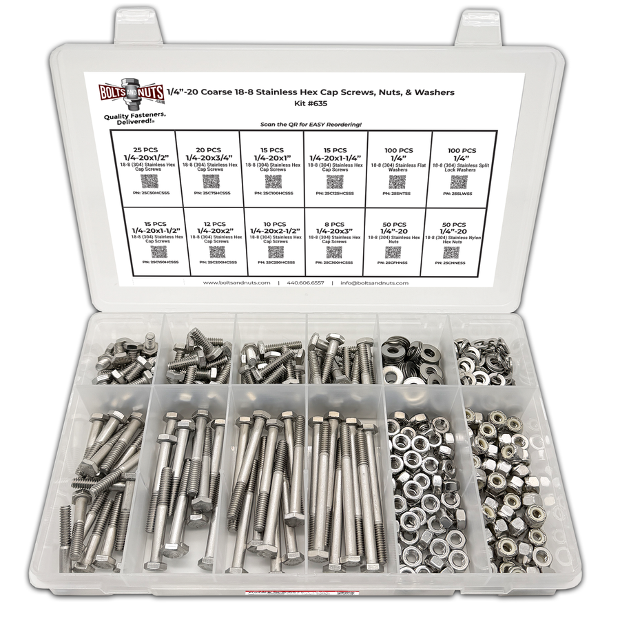 Assortment Kit #635 (421Pcs.) 1/4"-20, 18-8 (304) Stainless Steel Hex Cap Screws, Hex & Nylon Nuts, Flat & Lock Washers