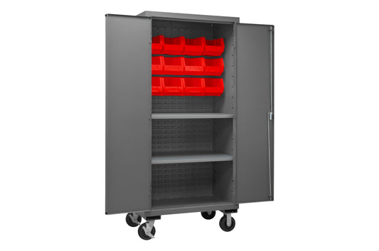 Mobile Cabinet, 2 Shelves, 12 Red Bins