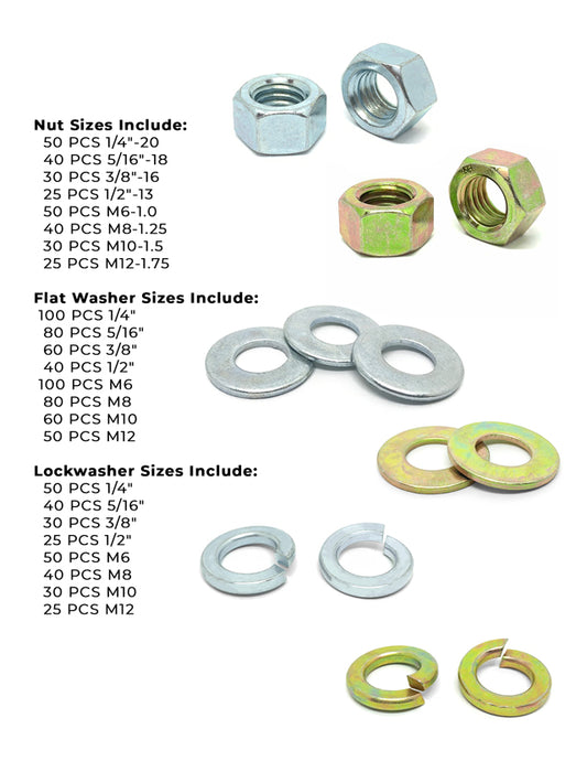Inch & Metric Grade 8 Hex Nut, Flat & Lock Washer Assortment - 1150 PCS