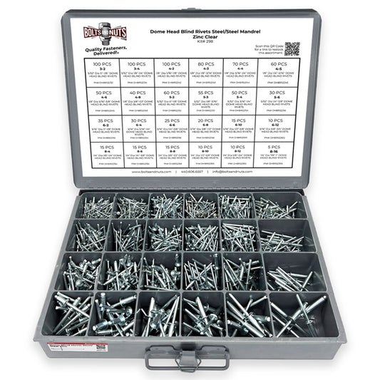 Dome Head Blind Pop Rivets Steel/Steel Mandrel Zinc Clear Assortment - 1001PCS