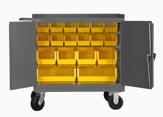 Mobile Bench Cabinet, 18 Yellow Bins