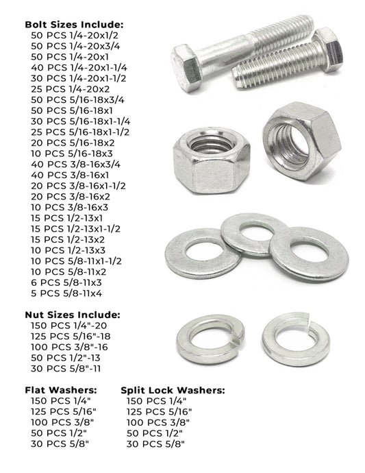 Inch 18-8 Stainless Hex Cap Screws, Hex Nuts, Flat & Lock Washers - 2011 PCS