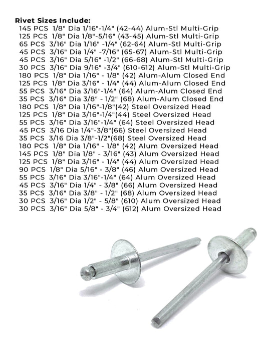 Aluminum and Steel Multi-Grip, Closed-End, & Oversized Head Rivets Assortment - 2025 PCS
