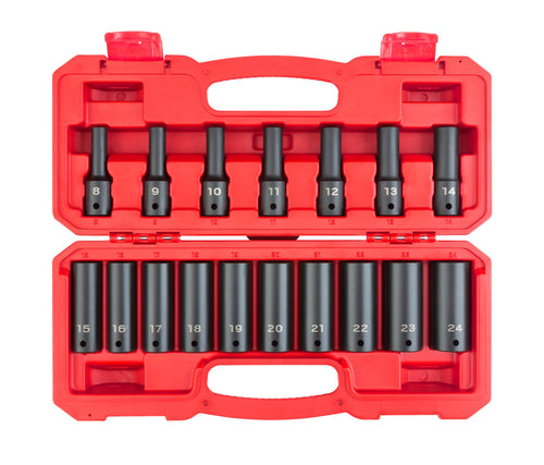1/2 Inch Drive Deep 6-Point Impact Socket Set with Case, 17-Piece (8 - 24 mm)