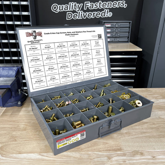 Inch Grade 8 Hex Cap Screws, Nuts, and Washers Fine Thread Zinc Yellow USA Made Hardware Fine Thread - 1269 PCS
