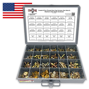 Inch Grade 8 Fine Thread Hex Cap Screws, Hex Nuts & Washers Zinc Yellow USA Made Hardware - 574 PCS