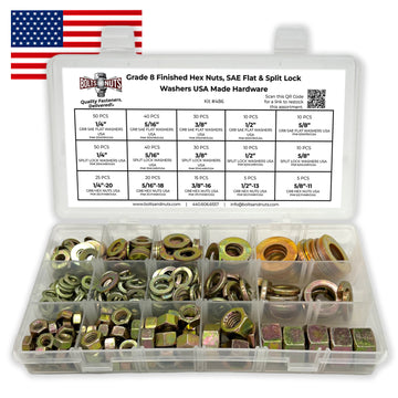 Inch Grade 8 Finished Hex Nuts, SAE Flat & Split Lock Washers USA Made Hardware Assortment - 351 Pcs