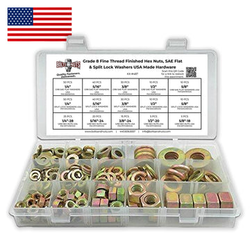 Inch Grade 8 Fine Thread Finished Hex Nuts, SAE Flat & Split Lock Washers USA Made Hardware Assortment - 351 Pcs