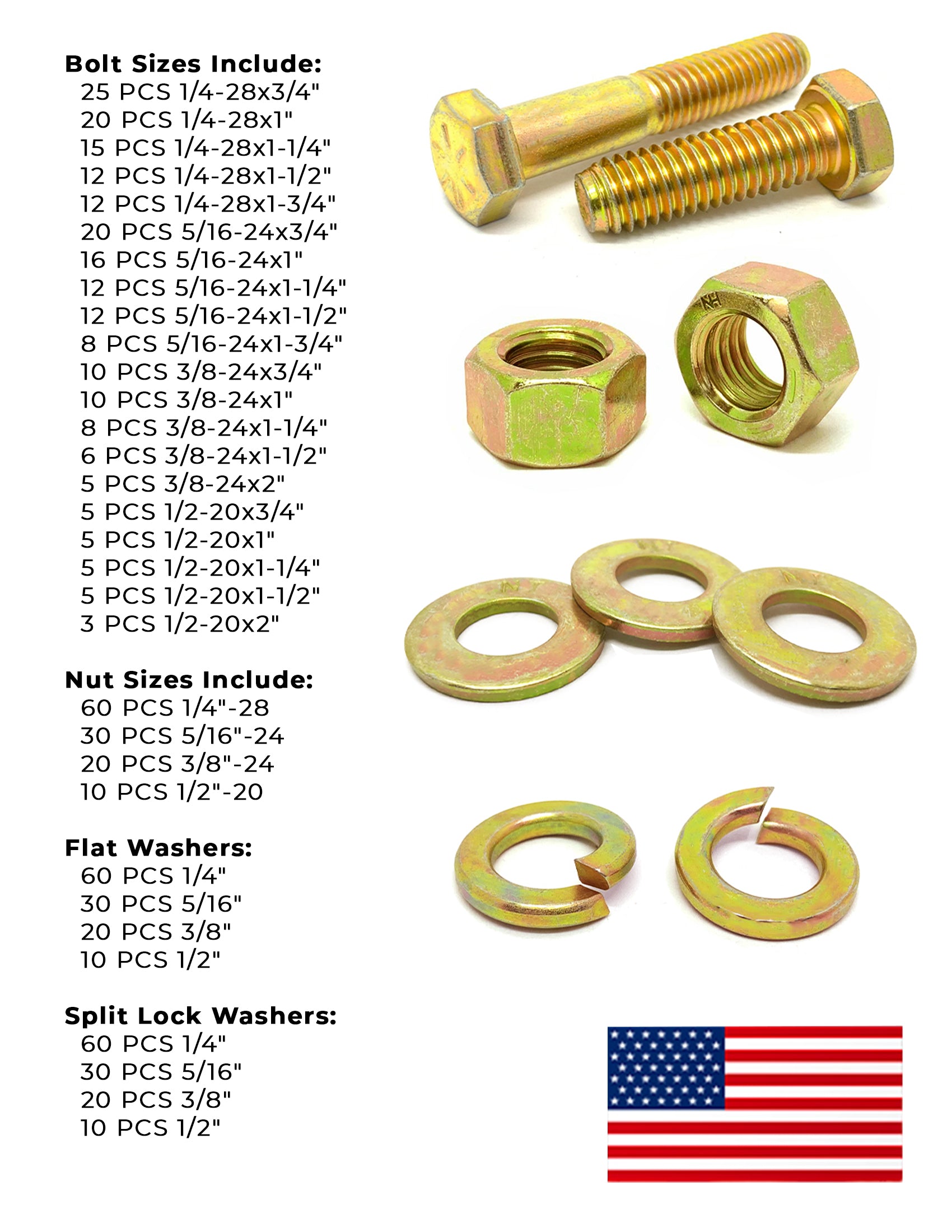 Inch Grade 8 Hex Cap Screws, Nuts, and Washers Fine Thread Zinc Yellow USA Made Hardware - 575 PCS