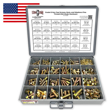 Inch Grade 8 Hex Cap Screws, Nuts, and Washers Fine Thread Zinc Yellow USA Made Hardware - 575 PCS