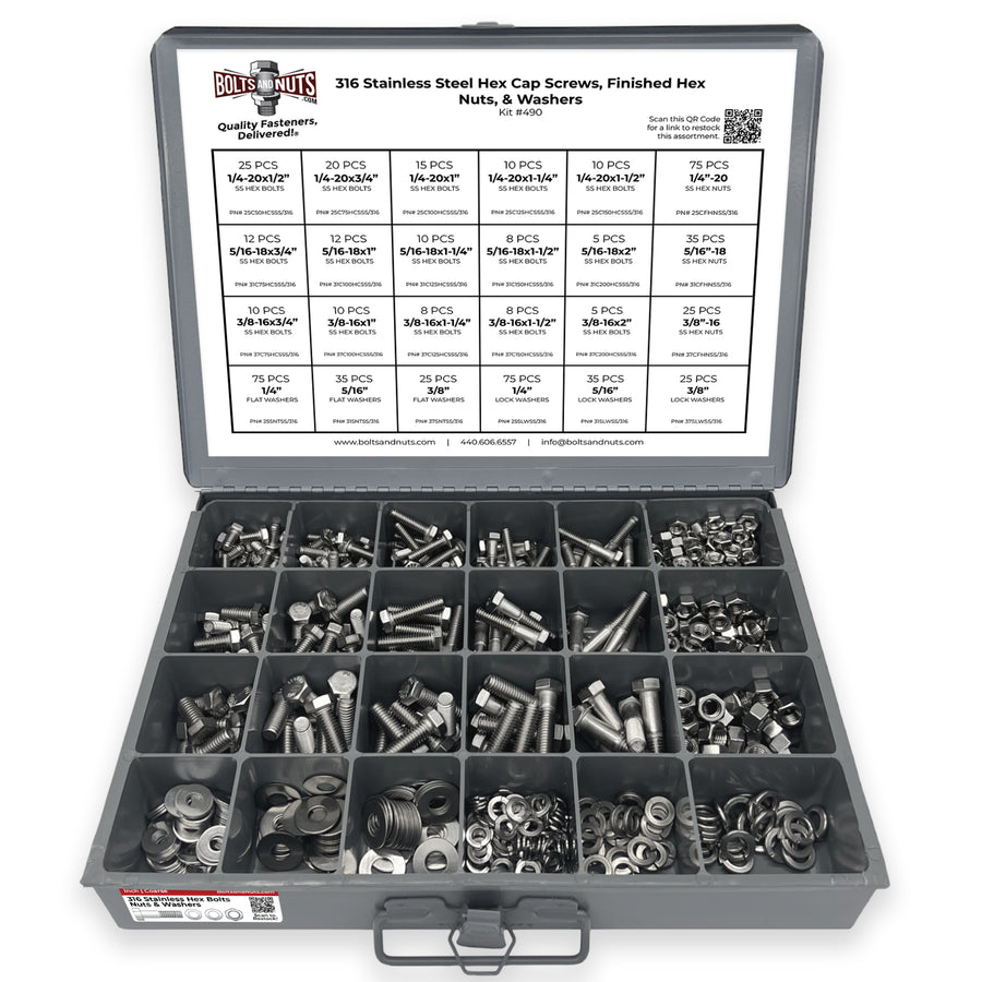 Inch 316 Stainless Hex Cap Screws, Hex Nuts, Flat & Lock Washers - 574 PCS