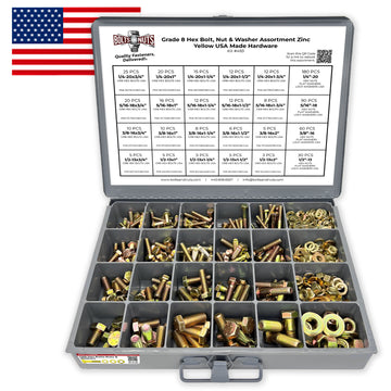 Inch Grade 8 Hex Bolt, Nut & Washer Assortment Zinc Yellow USA Made Hardware - 574 PCS
