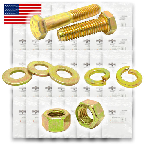 Inch Grade 8 Hex Cap Screws, Hex Nuts, Flat & Lock Washers Fine Thread Zinc Yellow USA Made Hardware - 1268 PCS