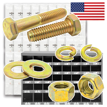 Inch Grade 8 Coarse Hex Cap Screws, Hex Nuts, Flat & Lock Washers Zinc Yellow USA Made Hardware - 2012 PCS