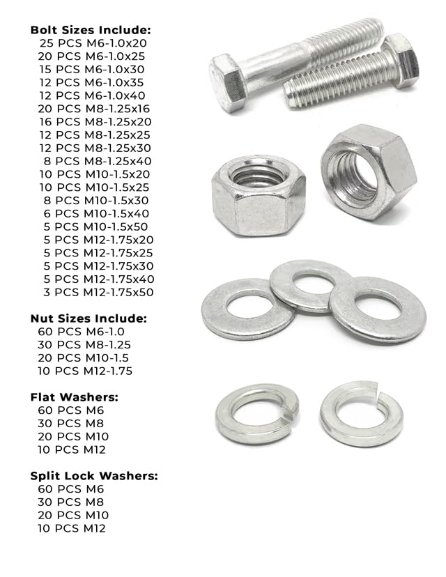 Metric A4 Stainless Steel Hex Cap Screws, Hex Nuts, Flat & Lock Washers - 575 PCS