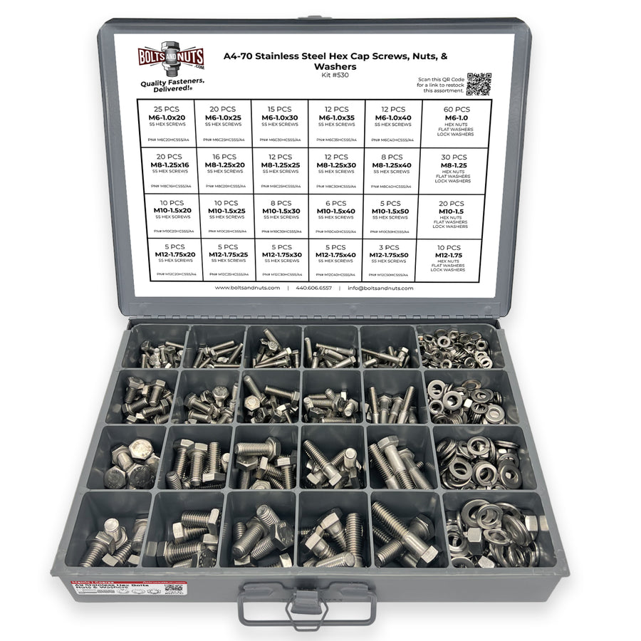 Metric A4 Stainless Steel Hex Cap Screws, Hex Nuts, Flat & Lock Washers - 575 PCS