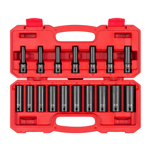 1/2 Inch Drive Deep 12-Point Impact Socket Set with Case, 17-Piece (8 - 24 mm)