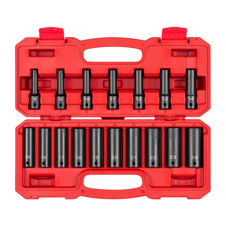 1/2 Inch Drive Deep 12-Point Impact Socket Set with Case, 17-Piece (8 - 24 mm)