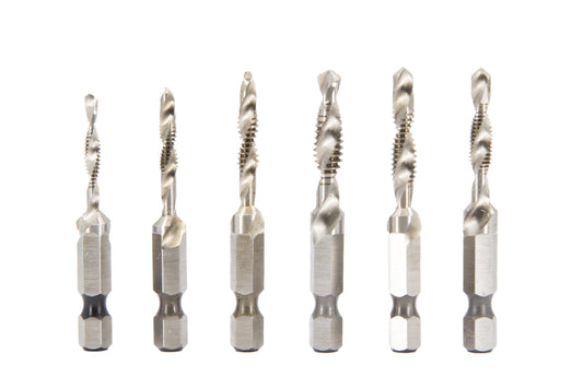 6 Piece Combined Drill Tap and Countersink Set with 1/4" Quick Change Hex Shank