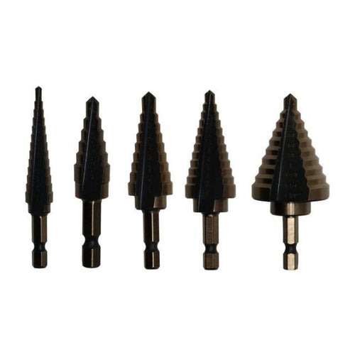 5 Piece High Speed Steel Black & Gold Round Shank Step Drill Bit Set, (Sizes #1 - #5)