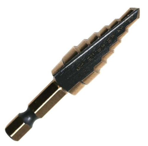 #2 High Speed Steel Black & Gold Quick Change Hex Shank Step Drill Bit, (3/16" - 1/2" by 1/16")