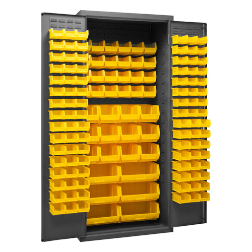 Metal Locking Storage Cabinet with 138 Yellow Hook-On-Bins