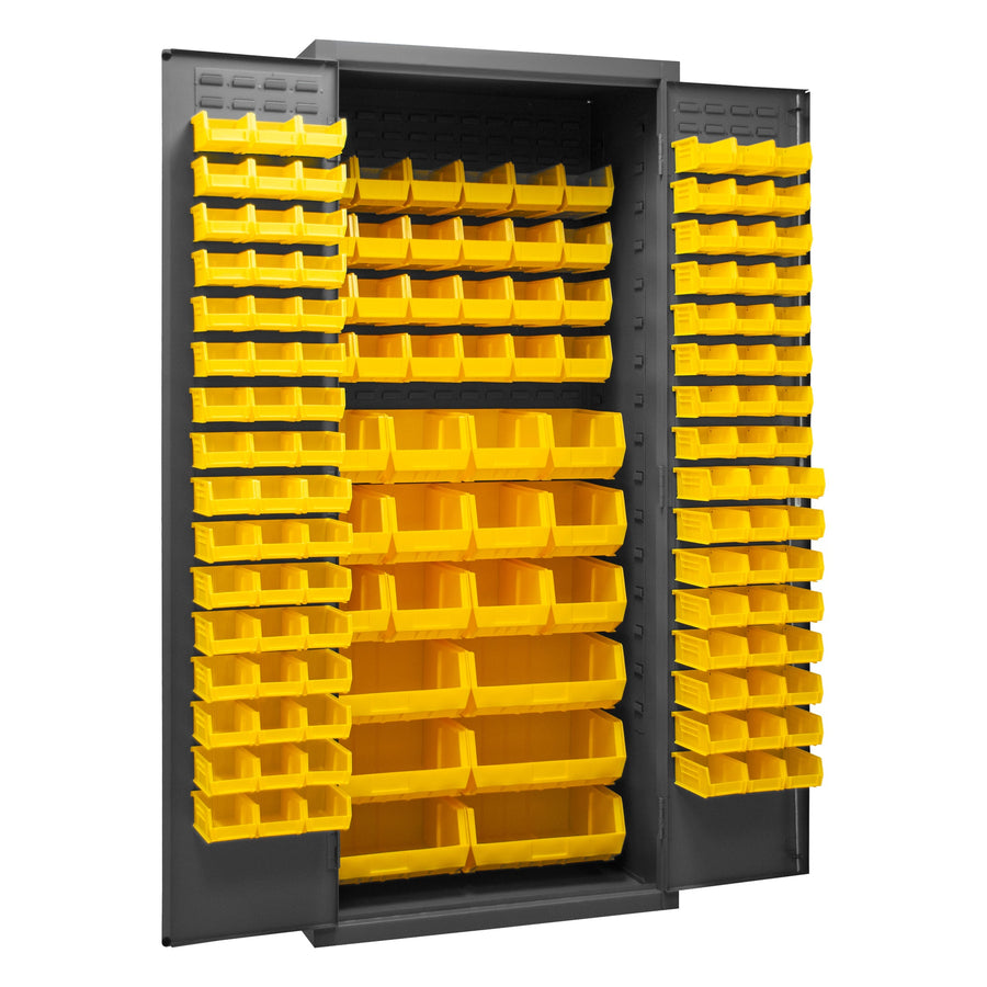 Metal Locking Storage Cabinet with 138 Yellow Hook-On-Bins