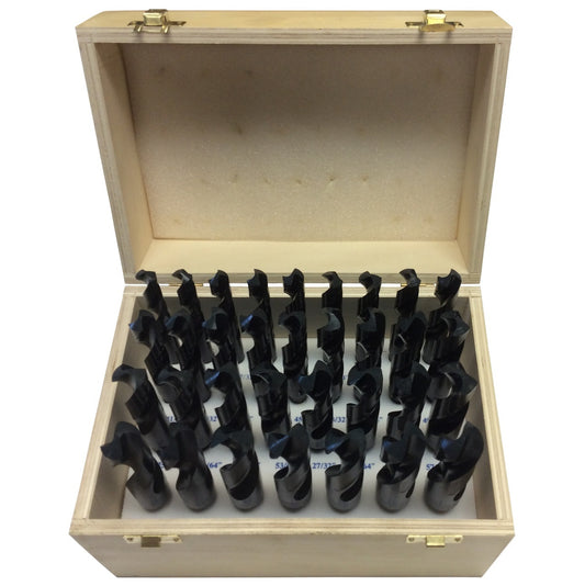 33 Piece HSS Black Oxide Reduced Shank HSS Drill Bit Set, 1/2" - 1", Wood Case