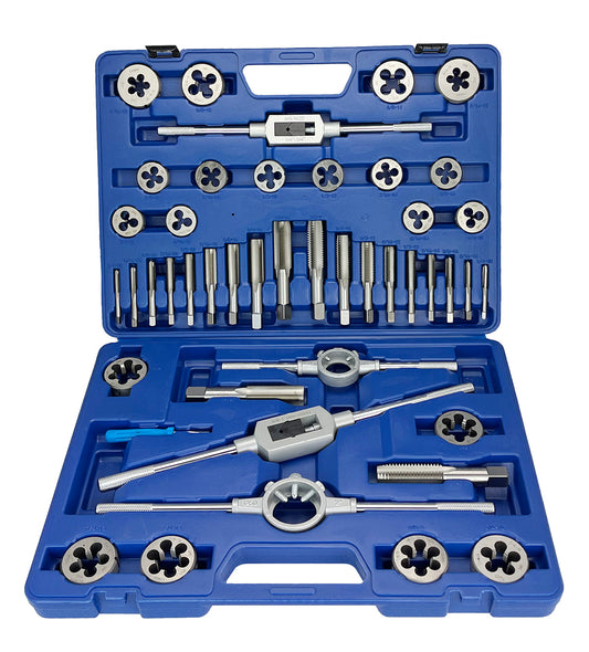 45 Piece NC NF HSS Round Tap and Die Set (1/4 - 1) with 1-1/2 OD Round Dies and Handles